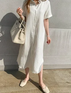 Discount Women's Black White khaki Summer Spring Maxi Dress White Dress Shirt Dress Cotton Linen Dress Basic Modern Casual Daily Weekend Loose Fit Plain Shirt Collar Women White Dresses