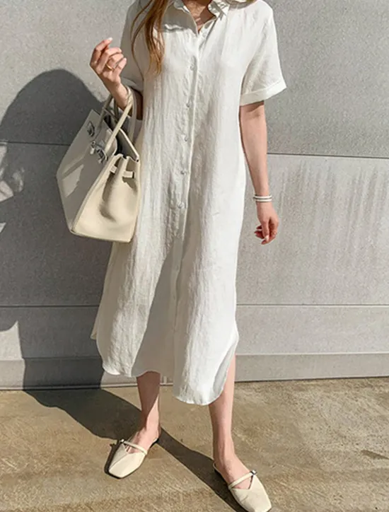 Discount Women's Black White khaki Summer Spring Maxi Dress White Dress Shirt Dress Cotton Linen Dress Basic Modern Casual Daily Weekend Loose Fit Plain Shirt Collar Women White Dresses