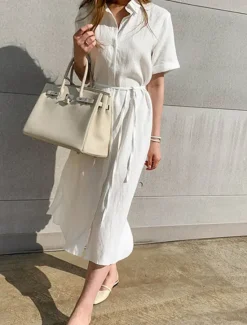 Discount Women's Black White khaki Summer Spring Maxi Dress White Dress Shirt Dress Cotton Linen Dress Basic Modern Casual Daily Weekend Loose Fit Plain Shirt Collar Women White Dresses