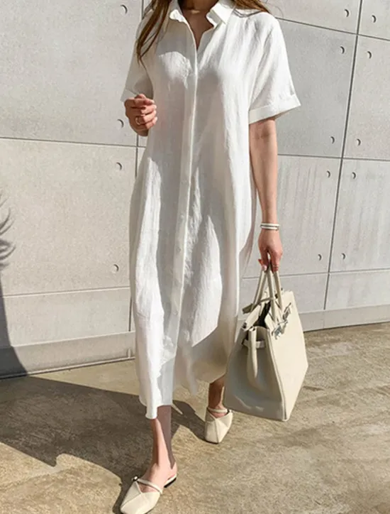 Discount Women's Black White khaki Summer Spring Maxi Dress White Dress Shirt Dress Cotton Linen Dress Basic Modern Casual Daily Weekend Loose Fit Plain Shirt Collar Women White Dresses