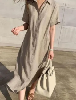 Discount Women's Black White khaki Summer Spring Maxi Dress White Dress Shirt Dress Cotton Linen Dress Basic Modern Casual Daily Weekend Loose Fit Plain Shirt Collar Women White Dresses