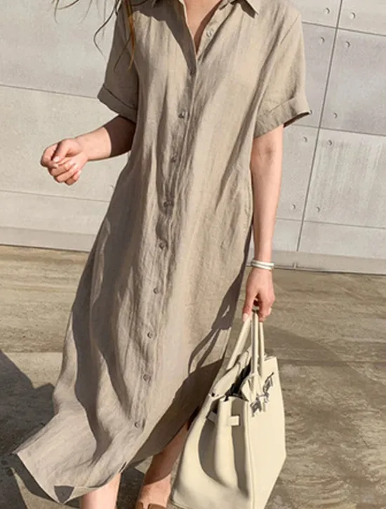 Discount Women's Black White khaki Summer Spring Maxi Dress White Dress Shirt Dress Cotton Linen Dress Basic Modern Casual Daily Weekend Loose Fit Plain Shirt Collar Women White Dresses