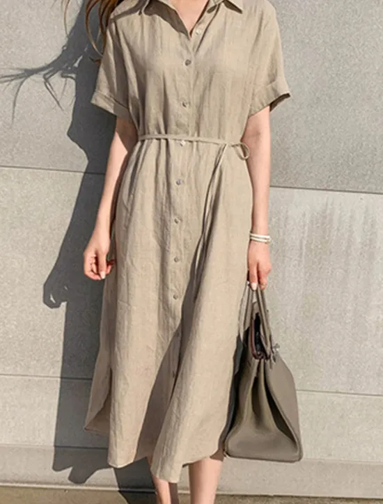 Discount Women's Black White khaki Summer Spring Maxi Dress White Dress Shirt Dress Cotton Linen Dress Basic Modern Casual Daily Weekend Loose Fit Plain Shirt Collar Women White Dresses