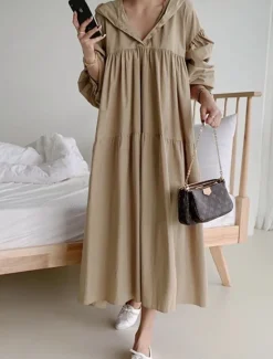 Best Women's Black White khaki Fall Winter Autumn Maxi Dress White Dress Cotton Linen Dresses Shirt Dress Fashion Basic Classic Outdoor Vacation Daily Loose Fit Plain Hooded Women Dresses