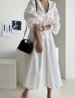 Best Women's Black White khaki Fall Winter Autumn Maxi Dress White Dress Cotton Linen Dresses Shirt Dress Fashion Basic Classic Outdoor Vacation Daily Loose Fit Plain Hooded Women Dresses