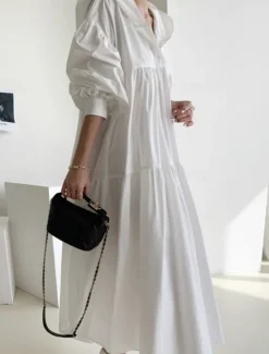 Best Women's Black White khaki Fall Winter Autumn Maxi Dress White Dress Cotton Linen Dresses Shirt Dress Fashion Basic Classic Outdoor Vacation Daily Loose Fit Plain Hooded Women Dresses