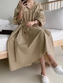 Best Women's Black White khaki Fall Winter Autumn Maxi Dress White Dress Cotton Linen Dresses Shirt Dress Fashion Basic Classic Outdoor Vacation Daily Loose Fit Plain Hooded Women Dresses