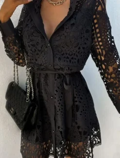Sale Women's Black White khaki Summer Spring Mini Dress Petite Dress White Dress Lace Dress Basic Modern Casual Daily Weekend Regular Fit Plain V Neck Women White Dresses