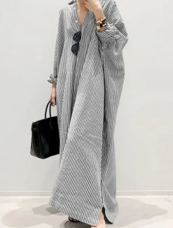 Best Women's Black White Light Green Summer Spring Fall Maxi Dress Cotton Linen Dresses Casual Dress Shift Dress Basic Casual Outdoor Winter Dress Vacation Loose Fit Striped Shirt Collar Women Dresses