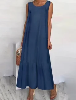 Women's Black White Navy Blue Summer Maxi long Dress Maxi Dress Linen-Inspired Dresses Tank Dress Tiered Dress Solid Basic Casual Vacation Regular Fit Crew Neck Women Dresses|White Dresses