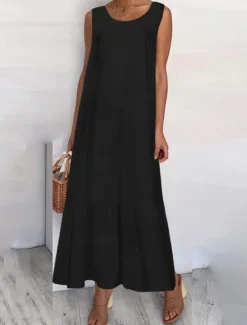 Women's Black White Navy Blue Summer Maxi long Dress Maxi Dress Linen-Inspired Dresses Tank Dress Tiered Dress Solid Basic Casual Vacation Regular Fit Crew Neck Women Dresses|White Dresses