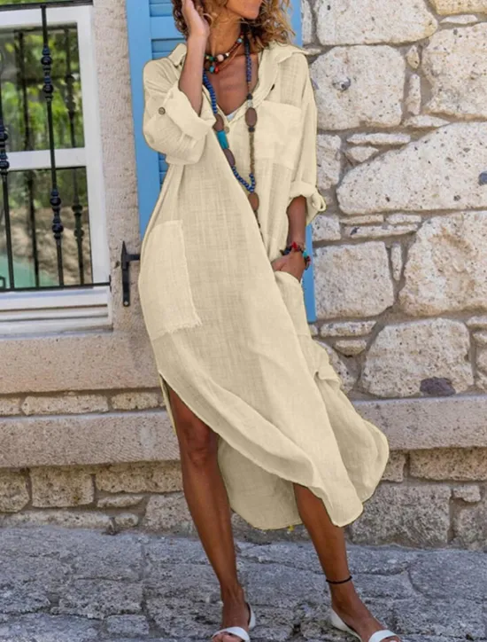 New Women's Black White Pink Summer Spring Maxi Dress White Dress Cotton Linen Dresses Shirt Dress Casual Vacation Daily Loose Fit Plain V Neck Women Dresses