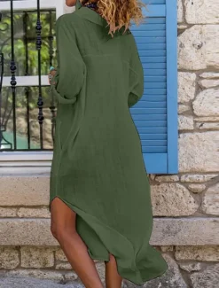 New Women's Black White Pink Summer Spring Maxi Dress White Dress Cotton Linen Dresses Shirt Dress Casual Vacation Daily Loose Fit Plain V Neck Women Dresses