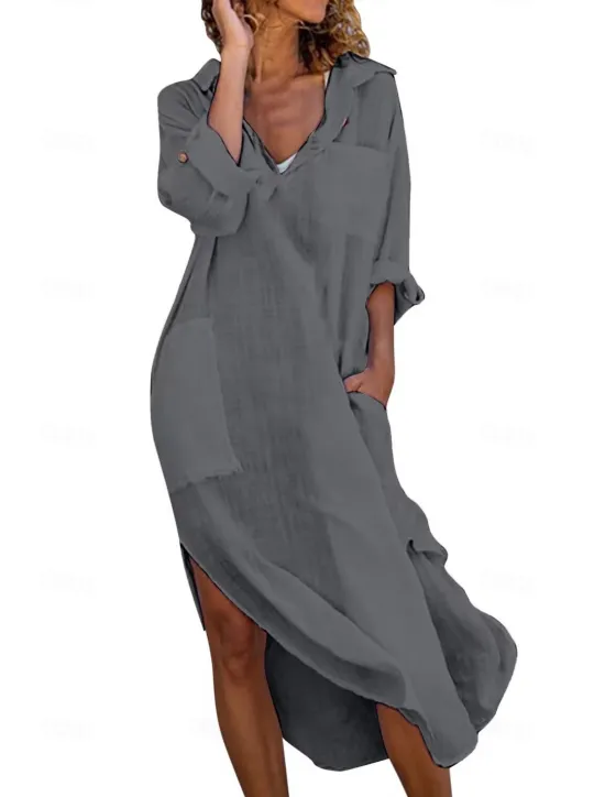 New Women's Black White Pink Summer Spring Maxi Dress White Dress Cotton Linen Dresses Shirt Dress Casual Vacation Daily Loose Fit Plain V Neck Women Dresses