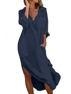 New Women's Black White Pink Summer Spring Maxi Dress White Dress Cotton Linen Dresses Shirt Dress Casual Vacation Daily Loose Fit Plain V Neck Women Dresses