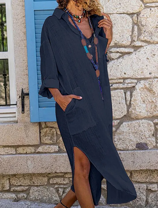 New Women's Black White Pink Summer Spring Maxi Dress White Dress Cotton Linen Dresses Shirt Dress Casual Vacation Daily Loose Fit Plain V Neck Women Dresses
