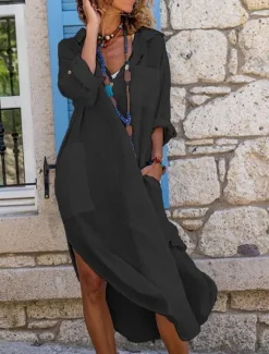 New Women's Black White Pink Summer Spring Maxi Dress White Dress Cotton Linen Dresses Shirt Dress Casual Vacation Daily Loose Fit Plain V Neck Women Dresses