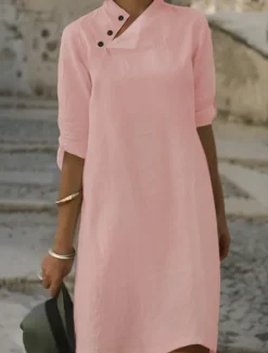 Hot Women's Black White Pink Summer Spring Mini Dress White Dress Shirt Dress Cotton Linen Dress Basic Daily Weekend Regular Fit Floral Plain Stand Collar Women White Dresses|Work Dresses