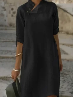 Hot Women's Black White Pink Summer Spring Mini Dress White Dress Shirt Dress Cotton Linen Dress Basic Daily Weekend Regular Fit Floral Plain Stand Collar Women White Dresses|Work Dresses