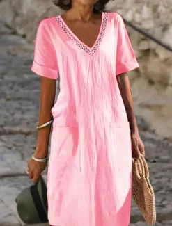 Sale Women's Black White Pink Summer Spring Midi Dress Linen-Inspired Dresses White Dress Casual Dress Classic Modern Casual Outdoor Vacation Daily Loose Fit Plain V Neck Women Dresses|White Dresses