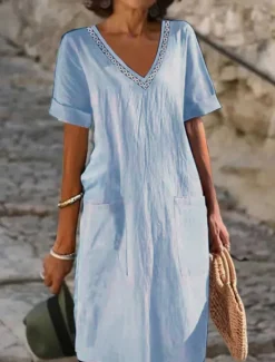 Sale Women's Black White Pink Summer Spring Midi Dress Linen-Inspired Dresses White Dress Casual Dress Classic Modern Casual Outdoor Vacation Daily Loose Fit Plain V Neck Women Dresses|White Dresses