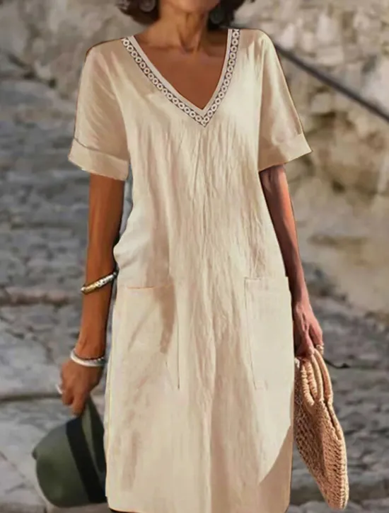 Sale Women's Black White Pink Summer Spring Midi Dress Linen-Inspired Dresses White Dress Casual Dress Classic Modern Casual Outdoor Vacation Daily Loose Fit Plain V Neck Women Dresses|White Dresses