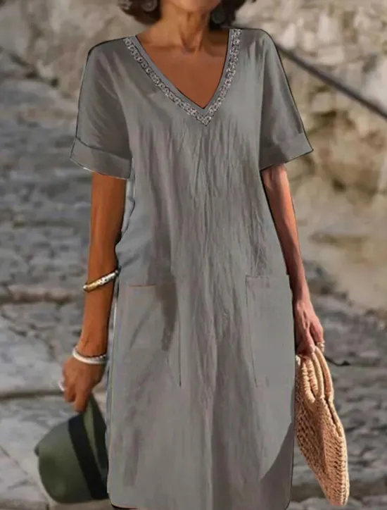 Sale Women's Black White Pink Summer Spring Midi Dress Linen-Inspired Dresses White Dress Casual Dress Classic Modern Casual Outdoor Vacation Daily Loose Fit Plain V Neck Women Dresses|White Dresses