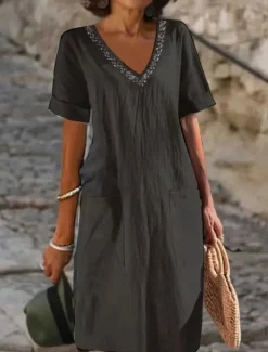 Sale Women's Black White Pink Summer Spring Midi Dress Linen-Inspired Dresses White Dress Casual Dress Classic Modern Casual Outdoor Vacation Daily Loose Fit Plain V Neck Women Dresses|White Dresses