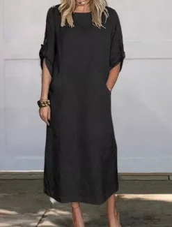 Women's Black White Red Summer Spring Maxi Dress White Dress Cotton Linen Dresses Shift Dress Basic Modern Daily Weekend Loose Fit Plain Crew Neck Women Dresses|White Dresses
