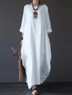 Hot Women's Black White Red Summer Spring Maxi Dress Linen-Inspired Dresses White Dress Cotton Linen Dress Casual Daily Weekend Loose Fit Plain Crew Neck Women Dresses