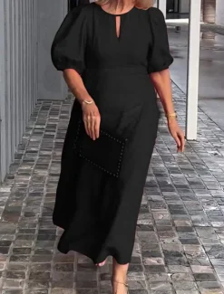 Hot Women's Black White Red Summer Spring Maxi Dress Casual Dress Formal Dress Basic Modern Casual Daily Weekend Loose Fit Plain Stand Collar Women Cocktail Dress