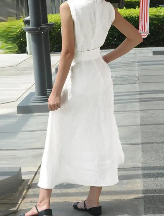 Best Women's Black Summer Spring Maxi Dress Linen-Inspired Dresses Dress Casual Dress Basic Modern Daily Weekend Loose Fit Plain Split Neck Women Dresses|White Dresses