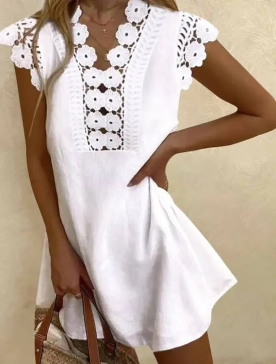 Online Women's Black White Summer Spring Mini Dress Petite Dress White Dress Lace Dress Sundress Basic Casual Daily Weekend Regular Fit Plain V Neck Women White Dresses