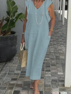 Women's Black White Yellow Summer Spring Maxi long Dress Midi Dress White Dress Cotton Linen Dresses Sundress Modern Casual Daily Weekend Loose Fit Plain V Neck Women Dresses