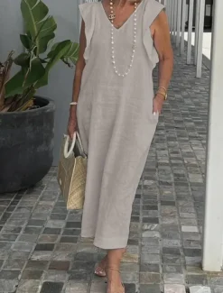 Women's Black White Yellow Summer Spring Maxi long Dress Midi Dress White Dress Cotton Linen Dresses Sundress Modern Casual Daily Weekend Loose Fit Plain V Neck Women Dresses