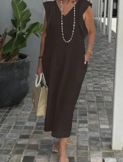 Women's Black White Yellow Summer Spring Maxi long Dress Midi Dress White Dress Cotton Linen Dresses Sundress Modern Casual Daily Weekend Loose Fit Plain V Neck Women Dresses