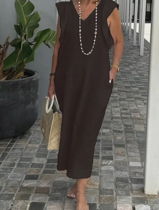 Women's Black White Yellow Summer Spring Maxi long Dress Midi Dress White Dress Cotton Linen Dresses Sundress Modern Casual Daily Weekend Loose Fit Plain V Neck Women Dresses