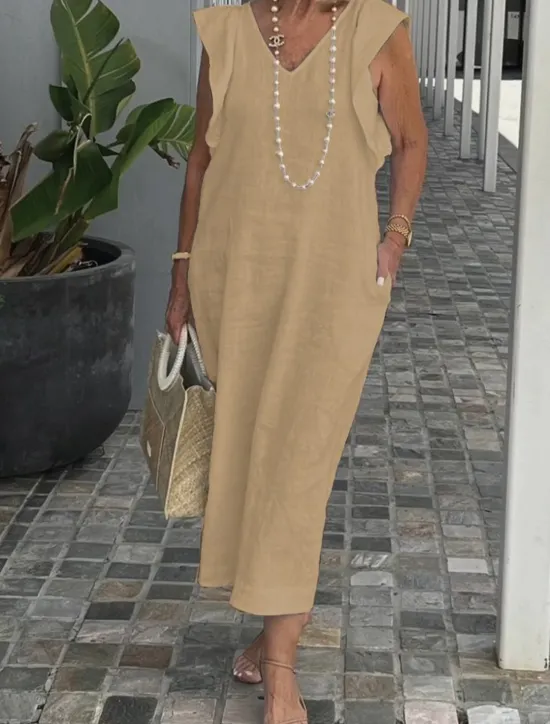 Women's Black White Yellow Summer Spring Maxi long Dress Midi Dress White Dress Cotton Linen Dresses Sundress Modern Casual Daily Weekend Loose Fit Plain V Neck Women Dresses
