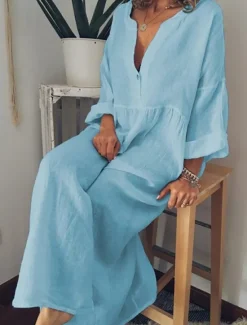 Hot Women's Black White Yellow Spring Fall Winter Maxi Dress Linen-Inspired Dresses White Dress Shirt Dress Casual Winter Dress Vacation Daily Loose Fit Plain Pure Color V Neck Split Neck Women Dresses|White Dresses