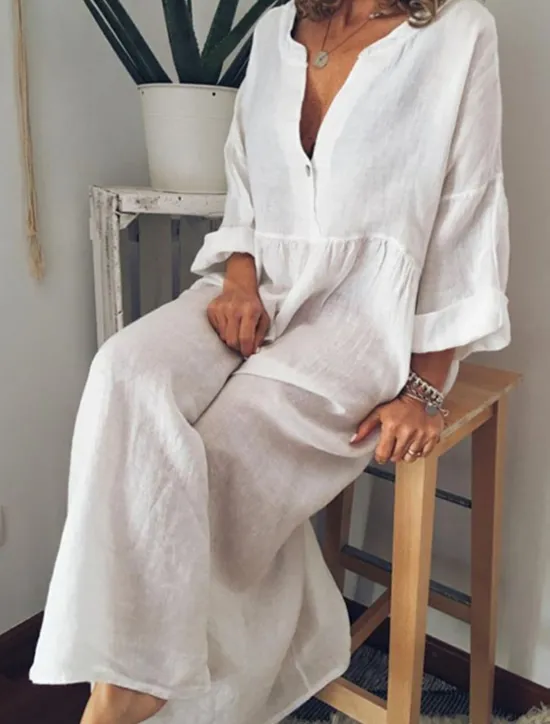 Hot Women's Black White Yellow Spring Fall Winter Maxi Dress Linen-Inspired Dresses White Dress Shirt Dress Casual Winter Dress Vacation Daily Loose Fit Plain Pure Color V Neck Split Neck Women Dresses|White Dresses