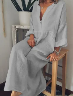 Hot Women's Black White Yellow Spring Fall Winter Maxi Dress Linen-Inspired Dresses White Dress Shirt Dress Casual Winter Dress Vacation Daily Loose Fit Plain Pure Color V Neck Split Neck Women Dresses|White Dresses