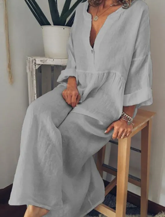 Hot Women's Black White Yellow Spring Fall Winter Maxi Dress Linen-Inspired Dresses White Dress Shirt Dress Casual Winter Dress Vacation Daily Loose Fit Plain Pure Color V Neck Split Neck Women Dresses|White Dresses