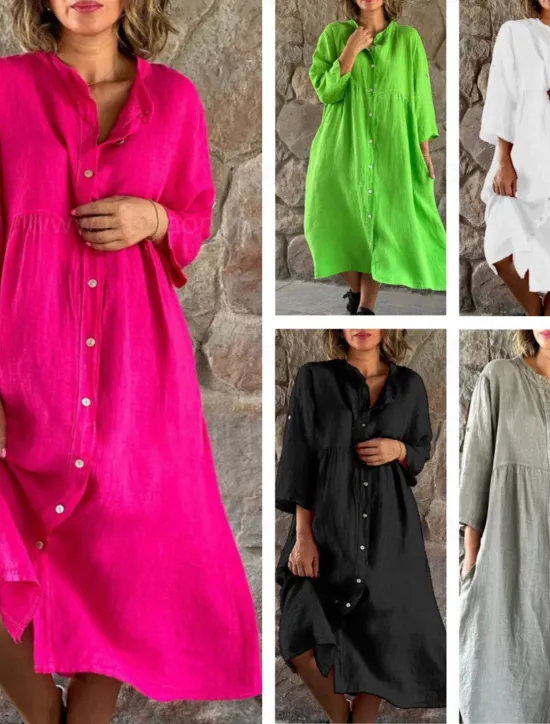 Outlet Women's Black White Yellow Summer Spring Midi Dress Linen-Inspired Dresses Shirt Dress Casual Dress Basic Modern Daily Weekend Loose Fit Plain Shirt Collar Women Dresses