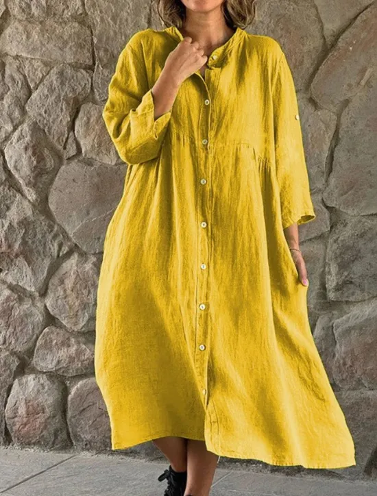 Outlet Women's Black White Yellow Summer Spring Midi Dress Linen-Inspired Dresses Shirt Dress Casual Dress Basic Modern Daily Weekend Loose Fit Plain Shirt Collar Women Dresses
