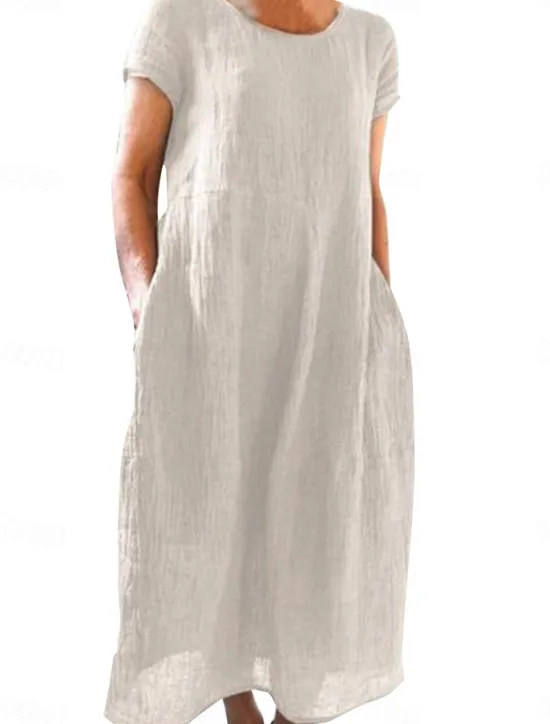 Discount Women's Black White Yellow Summer Spring Maxi Dress White Dress Cotton Linen Dresses Casual Dress Basic Casual Outdoor Vacation Daily Loose Fit Plain Crew Neck Women Dresses|White Dresses