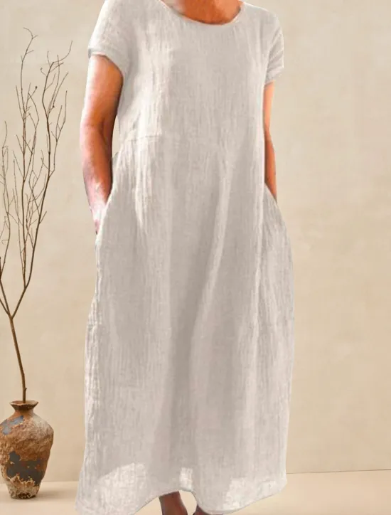 Discount Women's Black White Yellow Summer Spring Maxi Dress White Dress Cotton Linen Dresses Casual Dress Basic Casual Outdoor Vacation Daily Loose Fit Plain Crew Neck Women Dresses|White Dresses