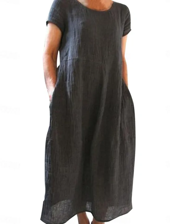 Discount Women's Black White Yellow Summer Spring Maxi Dress White Dress Cotton Linen Dresses Casual Dress Basic Casual Outdoor Vacation Daily Loose Fit Plain Crew Neck Women Dresses|White Dresses
