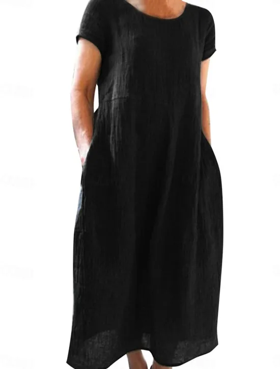 Discount Women's Black White Yellow Summer Spring Maxi Dress White Dress Cotton Linen Dresses Casual Dress Basic Casual Outdoor Vacation Daily Loose Fit Plain Crew Neck Women Dresses|White Dresses