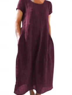 Discount Women's Black White Yellow Summer Spring Maxi Dress White Dress Cotton Linen Dresses Casual Dress Basic Casual Outdoor Vacation Daily Loose Fit Plain Crew Neck Women Dresses|White Dresses