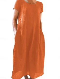 Discount Women's Black White Yellow Summer Spring Maxi Dress White Dress Cotton Linen Dresses Casual Dress Basic Casual Outdoor Vacation Daily Loose Fit Plain Crew Neck Women Dresses|White Dresses